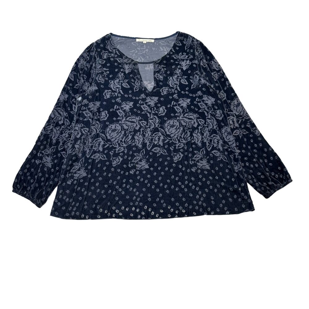Johnny Was Devore Velvet Top Womens L Blue Silk Blend Floral Keyhole Boho
